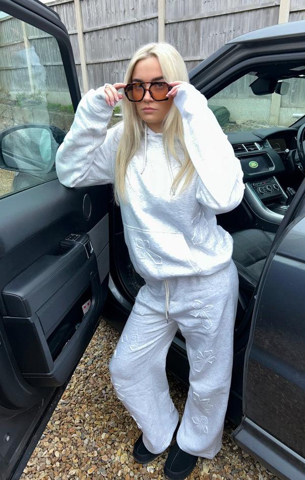 Femme Luxe Grey Oversized Crucifix Cross Hoodie With Wide Leg Trouser - Maren
