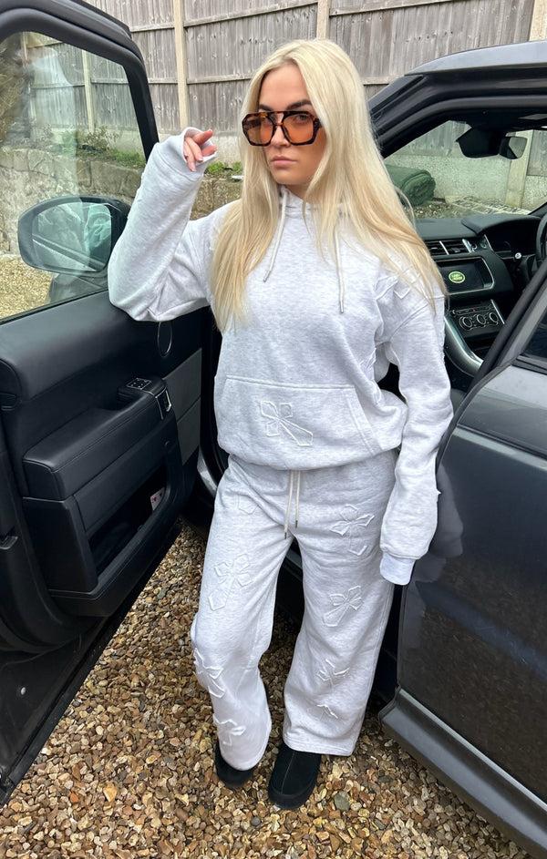 femme luxe Grey Oversized Crucifix Cross Hoodie With Wide Leg Trouser - Maren