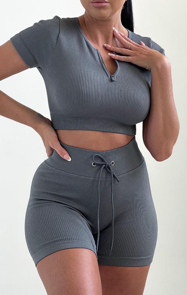 Femme Luxe Grey Ribbed Short Sleeve Zip Up Activewear Set - Emiliana