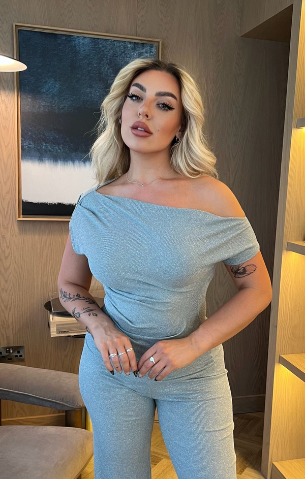 Femme Luxe Grey Ribbed Slash Neck Top With Wide Leg Trouser Loungewear Set - Bellina