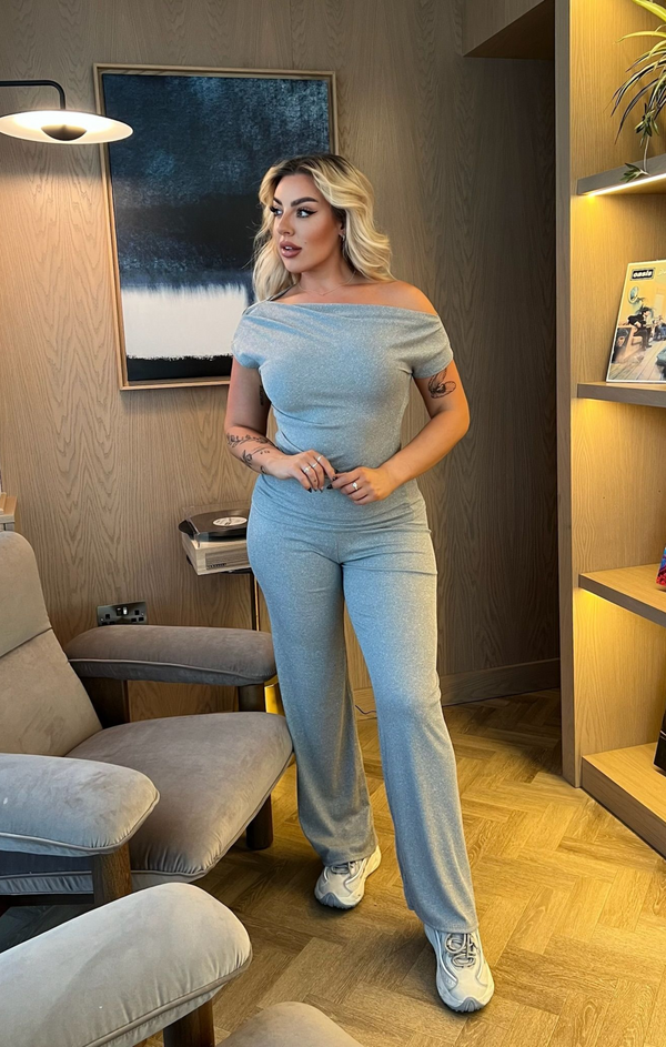 Femme Luxe Grey Ribbed Slash Neck Top With Wide Leg Trouser Loungewear Set - Bellina