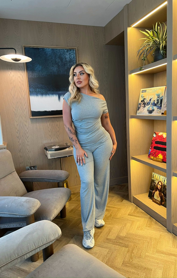 femme luxe Grey Ribbed Slash Neck Top with Wide Leg Trouser Loungewear Set - Bellina
