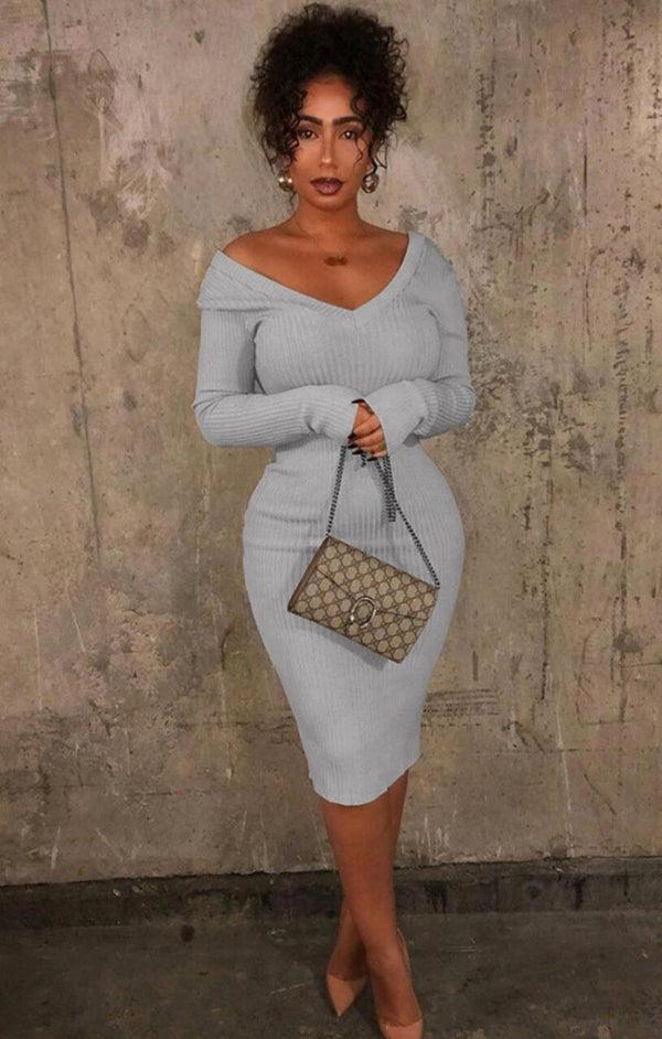 Femme Luxe Grey Ribbed V Neck Midi Jumper Dress - Ivy