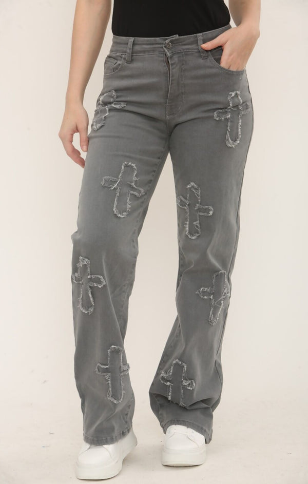 Femme Luxe Grey Straight Wide Leg Distressed Cross Patch Denim Jeans - Delissia
