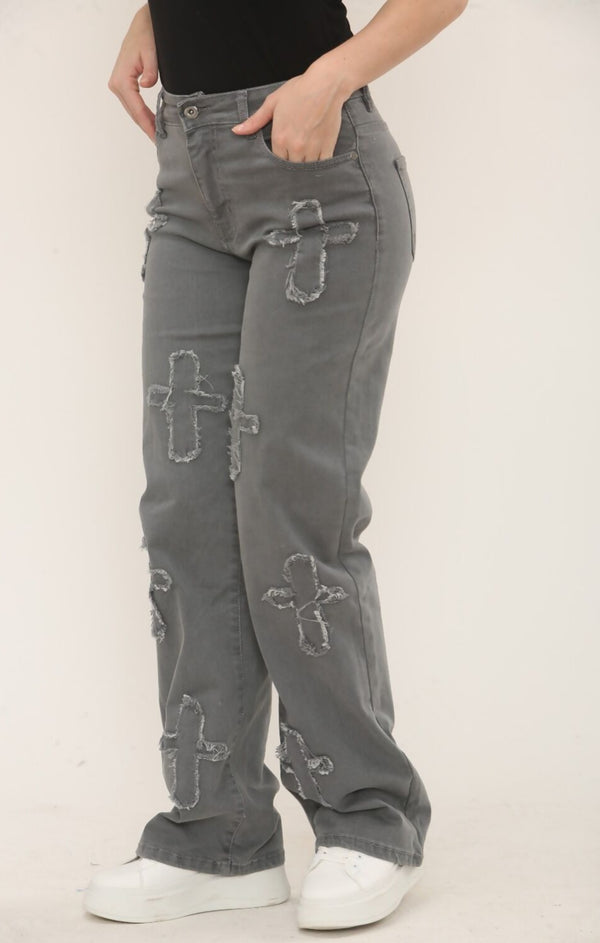 Femme Luxe Grey Straight Wide Leg Distressed Cross Patch Denim Jeans - Delissia