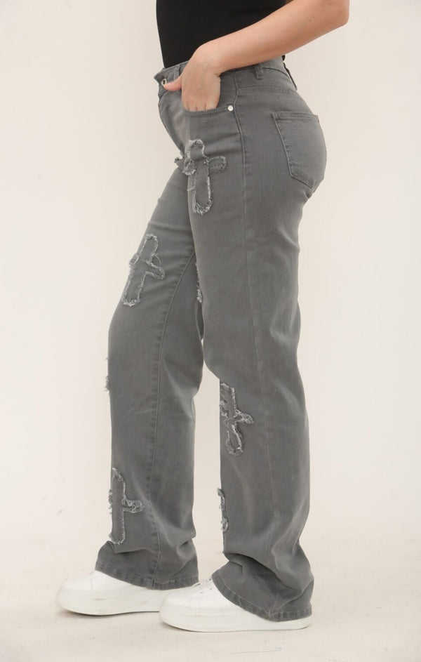 Femme Luxe Grey Straight Wide Leg Distressed Cross Patch Denim Jeans - Delissia