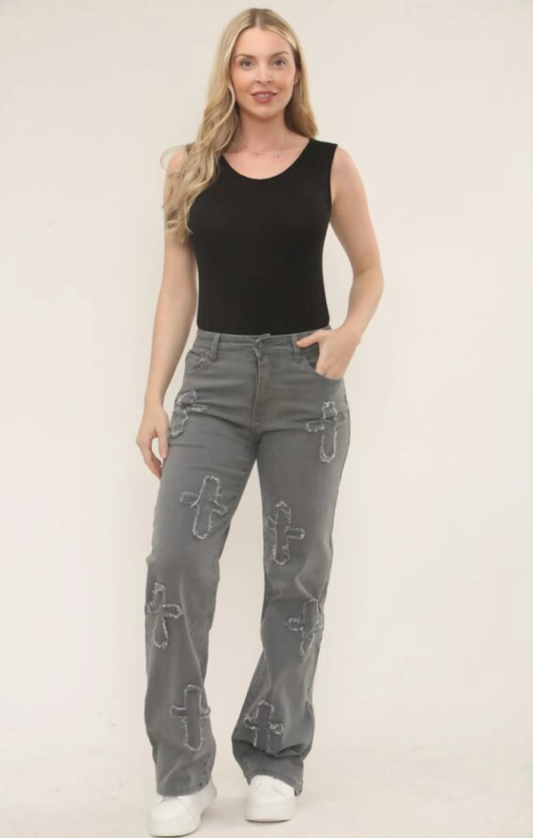 femme luxe Grey Straight Wide Leg Distressed Cross Patch Denim Jeans - Delissia