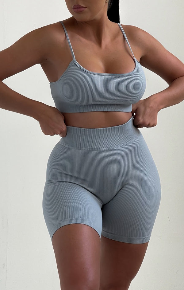 Femme Luxe Grey Strappy High Waisted Ribbed Top And Shorts Activewear Set - Aria
