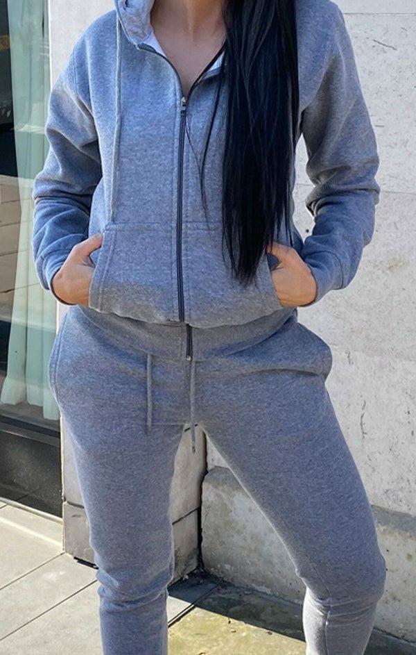 Femme Luxe Grey Zip Up Hoodie Cuffed Joggers Loungewear Set - Sibyl