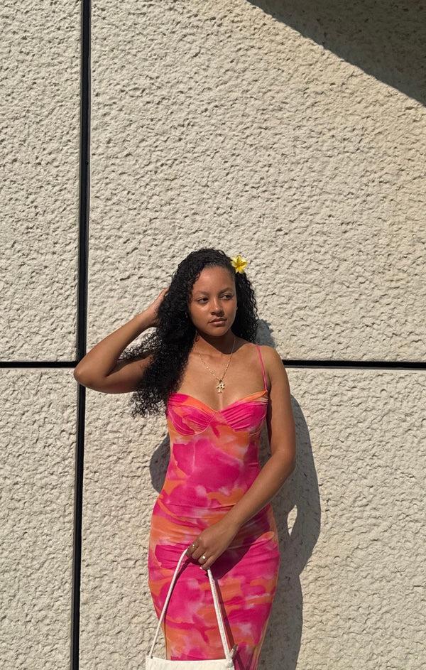 Femme Luxe Hot Pink Mesh Printed Sleeveless Bodycon Strappy Maxi Dress - Alexia