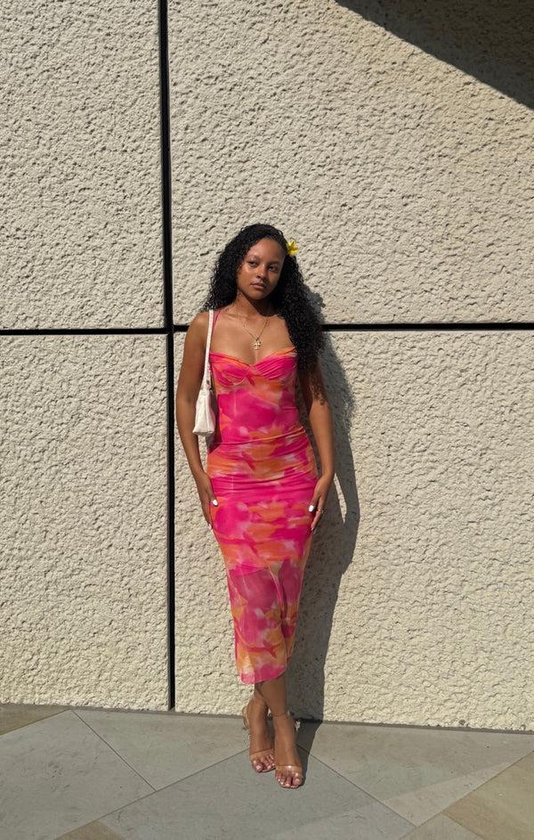Femme Luxe Hot Pink Mesh Printed Sleeveless Bodycon Strappy Maxi Dress - Alexia