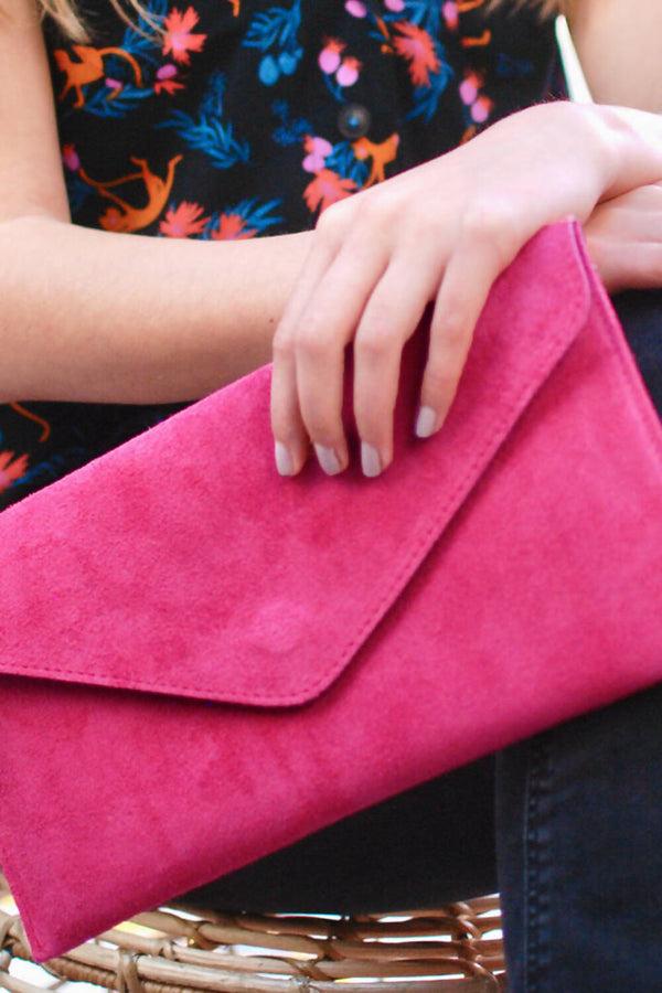 Femme Luxe Hot Pink Suede Envelope Luxe Clutch Bag - Laura