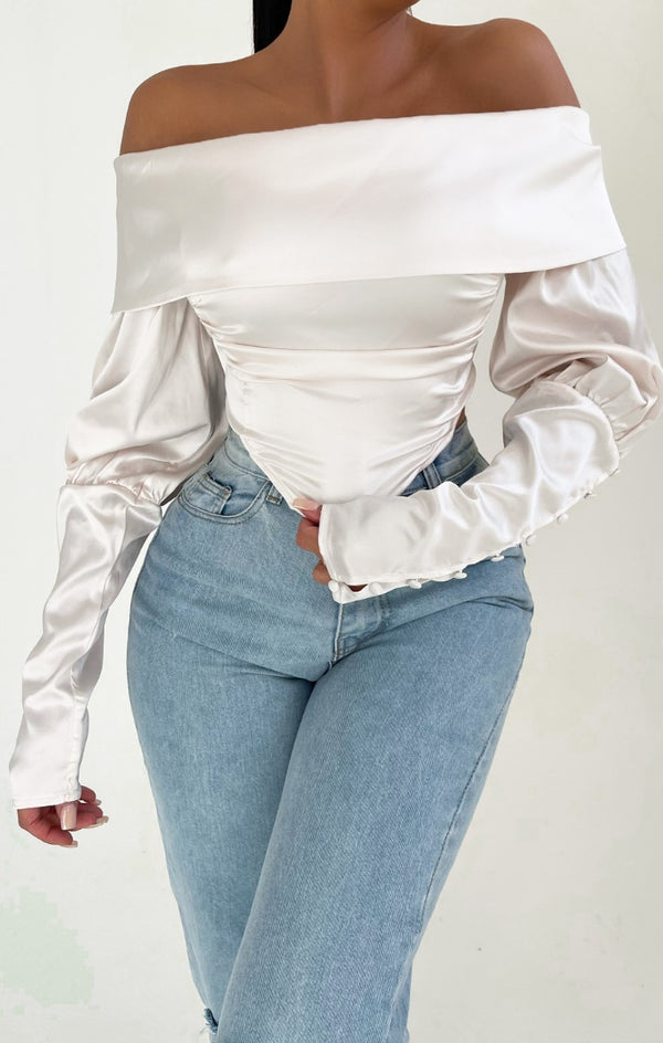 Femme Luxe Ivory Off The Shoulder Long Sleeve Top - Alena