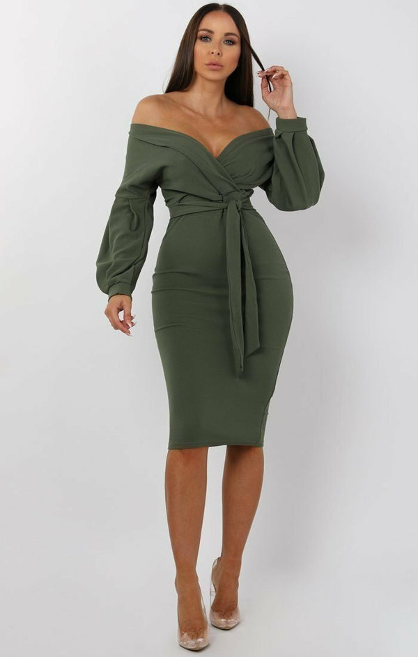 Femme Luxe Khaki Belted Bodycon Midi Dress - Angelica