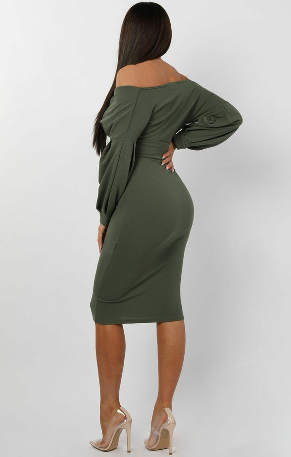 Femme Luxe Khaki Belted Bodycon Midi Dress - Angelica