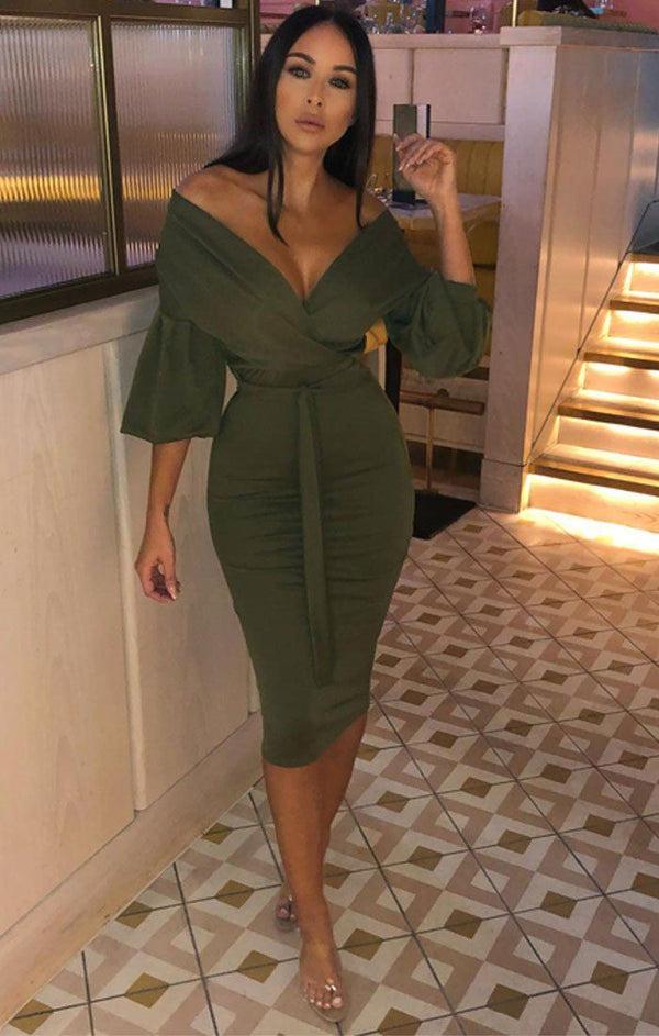 femme luxe Khaki Belted Bodycon Midi Dress - Angelica