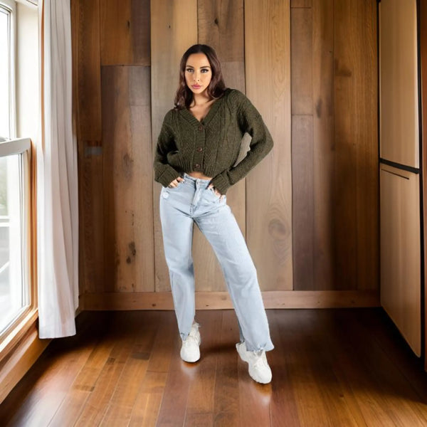 Femme Luxe Khaki Button Front Cable Knit Long Sleeve Cropped Cardigan - Kinsley