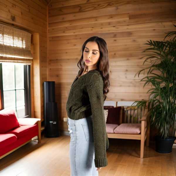 Femme Luxe Khaki Button Front Cable Knit Long Sleeve Cropped Cardigan - Kinsley