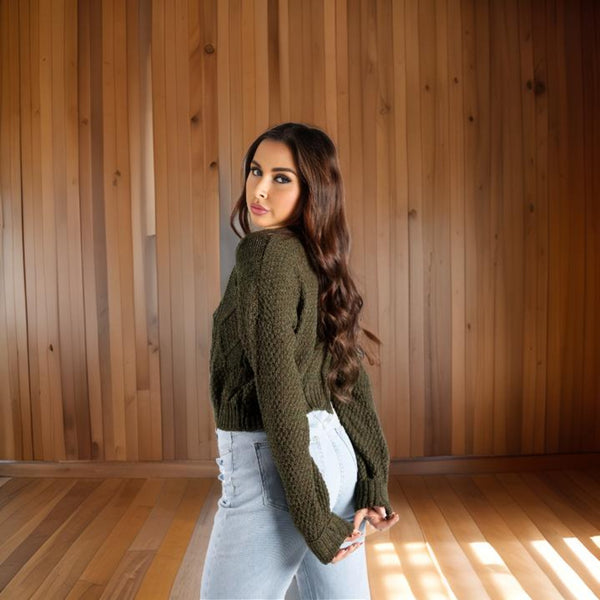 Femme Luxe Khaki Button Front Cable Knit Long Sleeve Cropped Cardigan - Kinsley