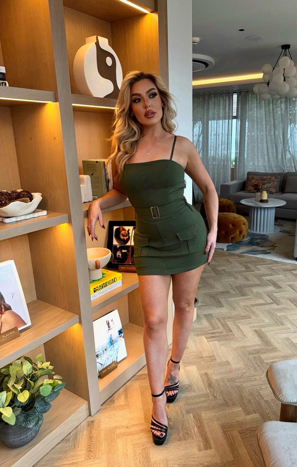 femme luxe Khaki Cargo Pocket Belted Skort Playsuit - Soraya