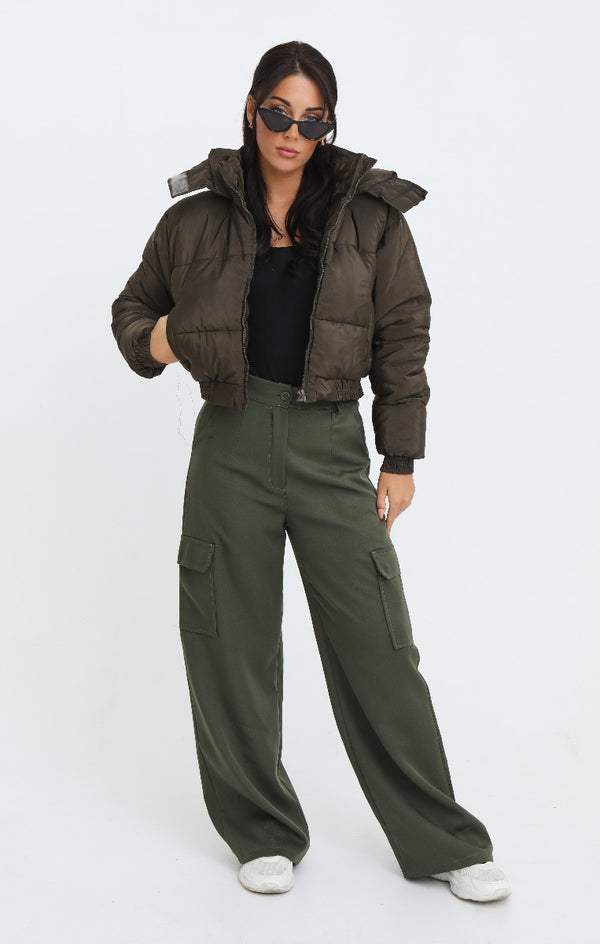 Femme Luxe Khaki Cropped Padded Long Sleeve Zip Front Shower Proof Jacket - Harper