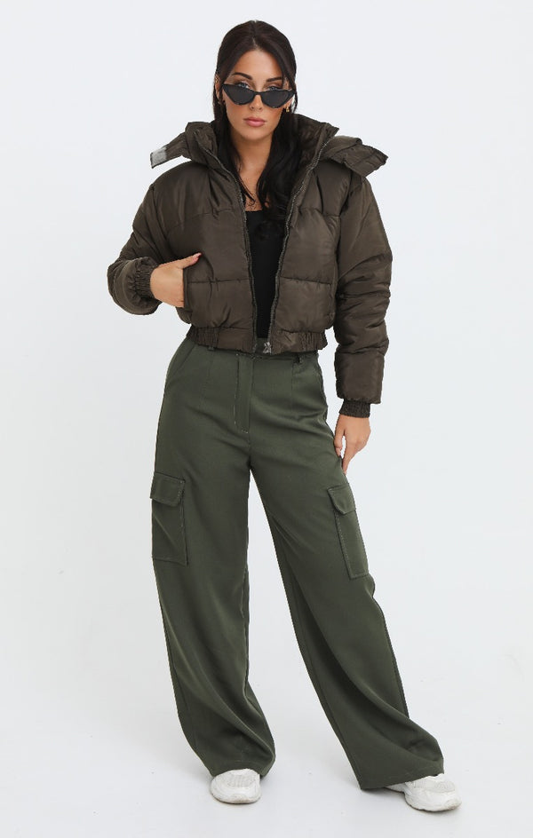 Femme Luxe Khaki Cropped Padded Long Sleeve Zip Front Shower Proof Jacket - Harper