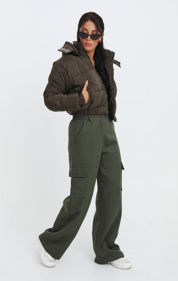 Femme Luxe Khaki Cropped Padded Long Sleeve Zip Front Shower Proof Jacket - Harper