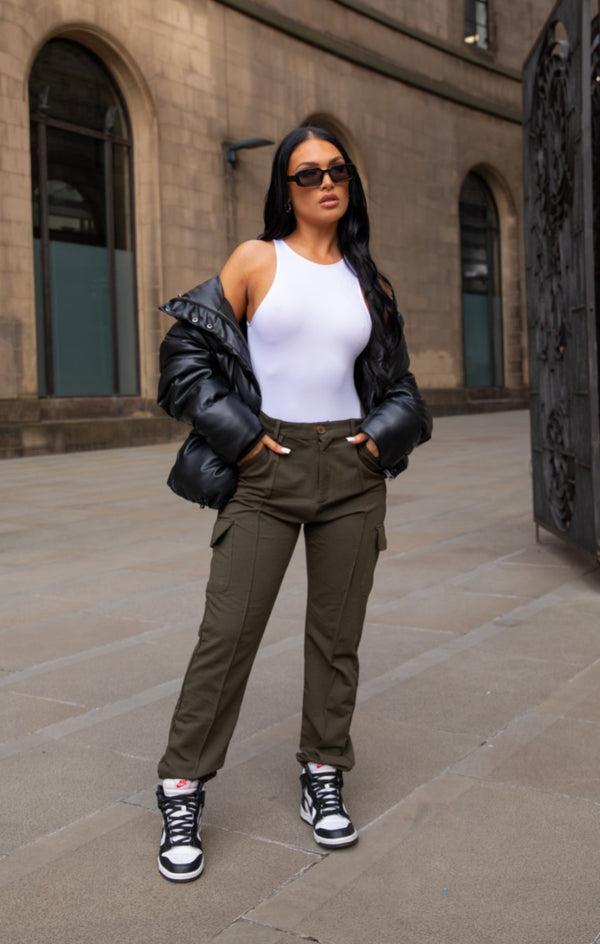 Femme Luxe Khaki Cuffed Front Seam Cargo Trousers - Lulu