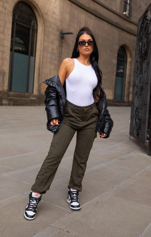 Femme Luxe Khaki Cuffed Front Seam Cargo Trousers - Lulu