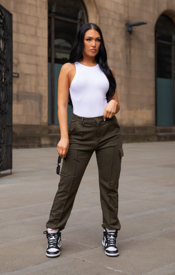 femme luxe Khaki Cuffed Front Seam Cargo Trousers - Lulu