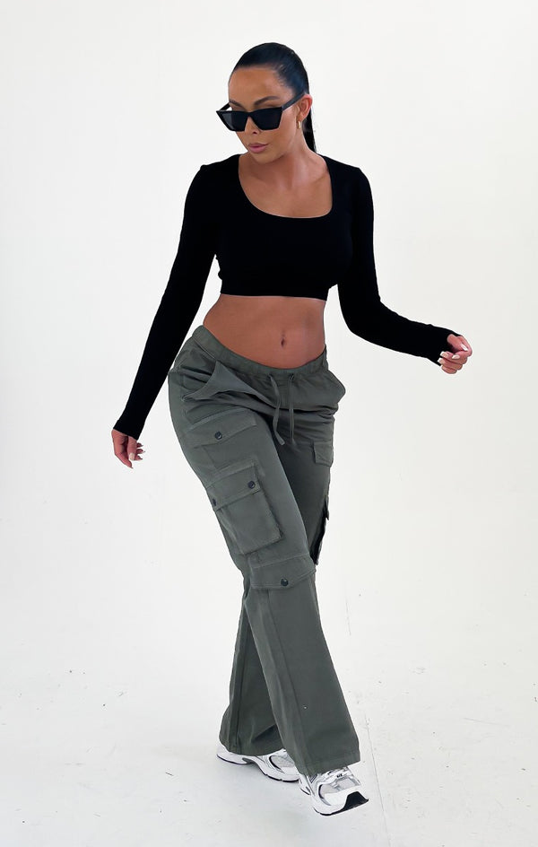 Femme Luxe Khaki Drawstring Pocket Cargo Trousers - Bianca