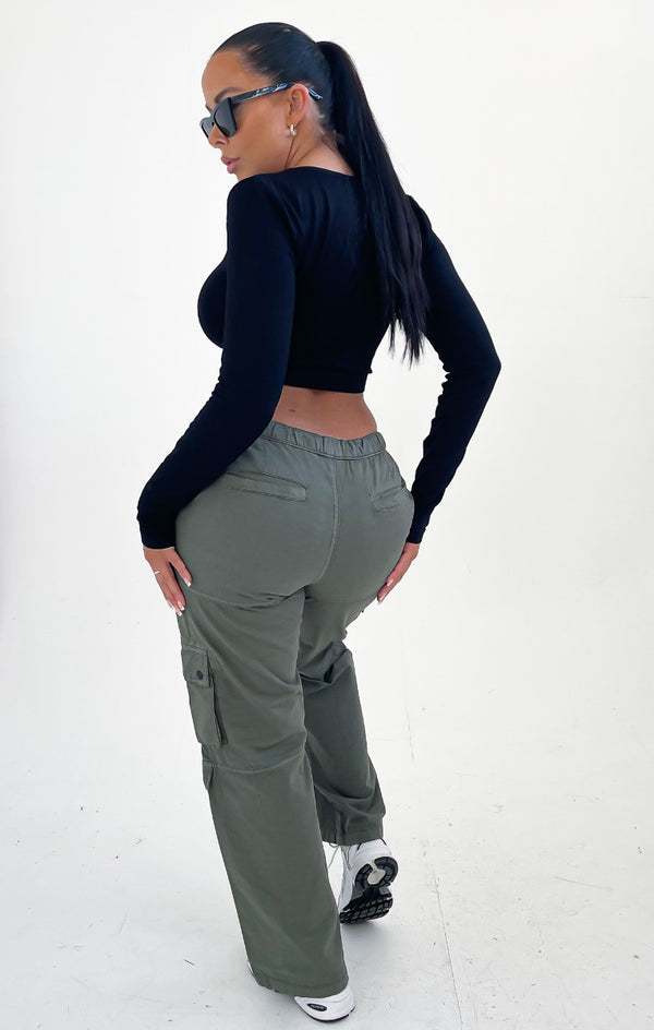 Femme Luxe Khaki Drawstring Pocket Cargo Trousers - Bianca