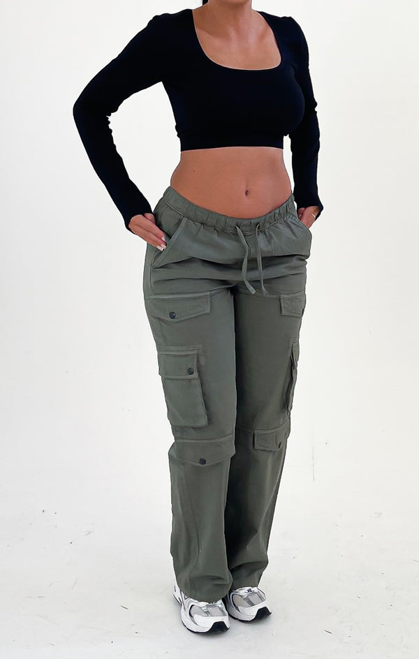 femme luxe Khaki Drawstring Pocket Cargo Trousers - Bianca