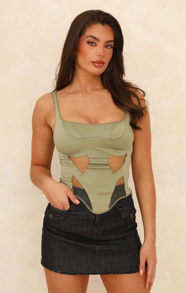 femme luxe Khaki Fitted Corset Cup Structured Cut Out Crop Top - Albertine