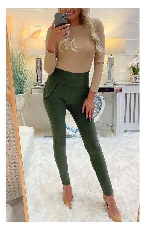femme luxe Khaki High Waist Double Band Pocket Leggings - Aria