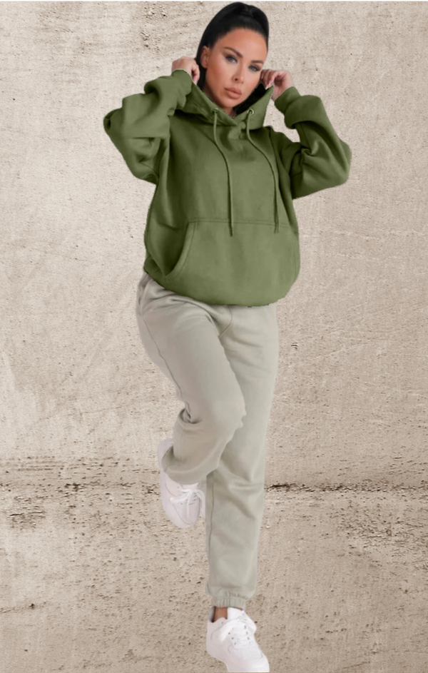 Femme Luxe Khaki Oversized Drawstring Pocket Casual Hoodie - Ella