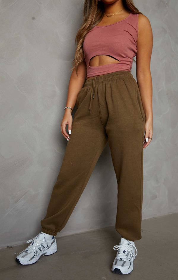 Femme Luxe Khaki Oversized High Waisted Shirred Drawstring Pocket Detail Cuffed Joggers - Samira
