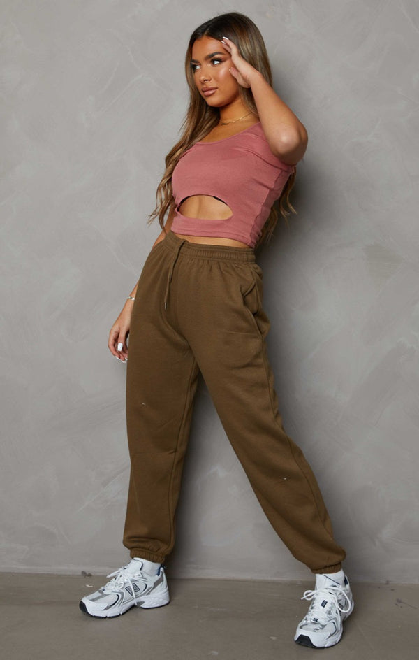 femme luxe Khaki Oversized High Waisted Shirred Drawstring Pocket Detail Cuffed Joggers - Samira
