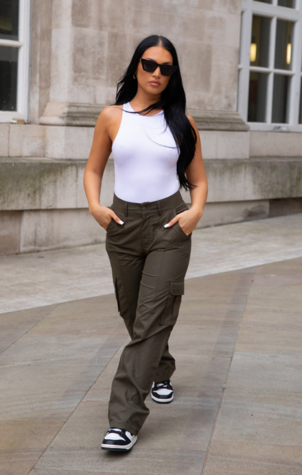 Femme Luxe Khaki Oversized Straight Leg Cargo Trousers - Isie