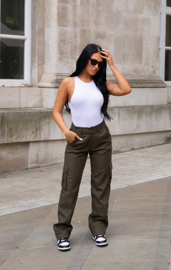 Femme Luxe Khaki Oversized Straight Leg Cargo Trousers - Isie