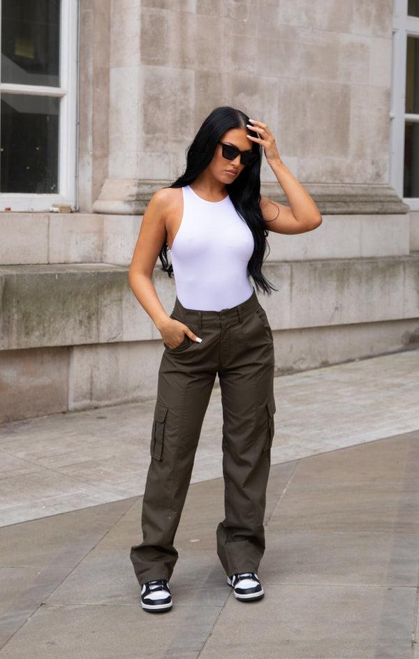 femme luxe Khaki Oversized Straight Leg Cargo Trousers - Isie