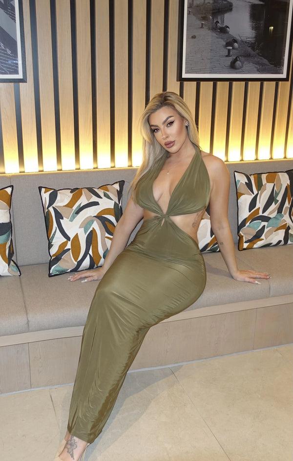 Femme Luxe Khaki Plunge Neck Cut Out Bodycon Maxi Dress - Carol