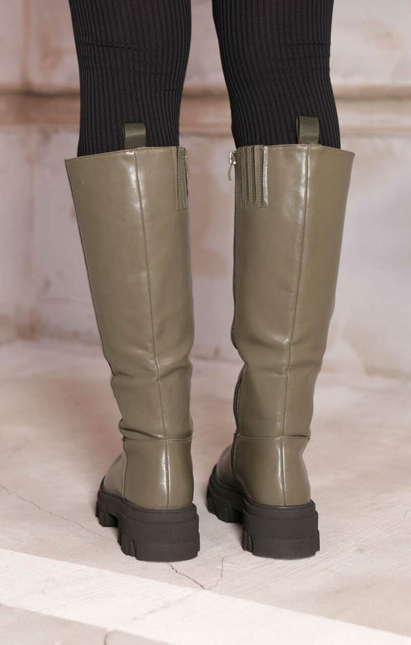 Femme Luxe Khaki PU Faux Leather Chunky Platform Zip Up Knee High Biker Boots - Vada