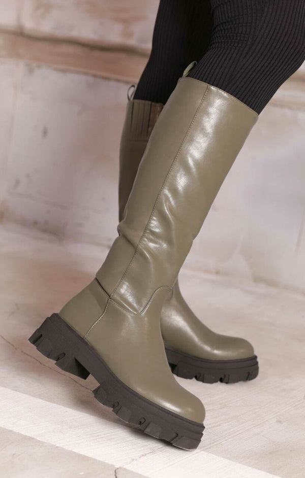 Femme Luxe Khaki PU Faux Leather Chunky Platform Zip Up Knee High Biker Boots - Vada