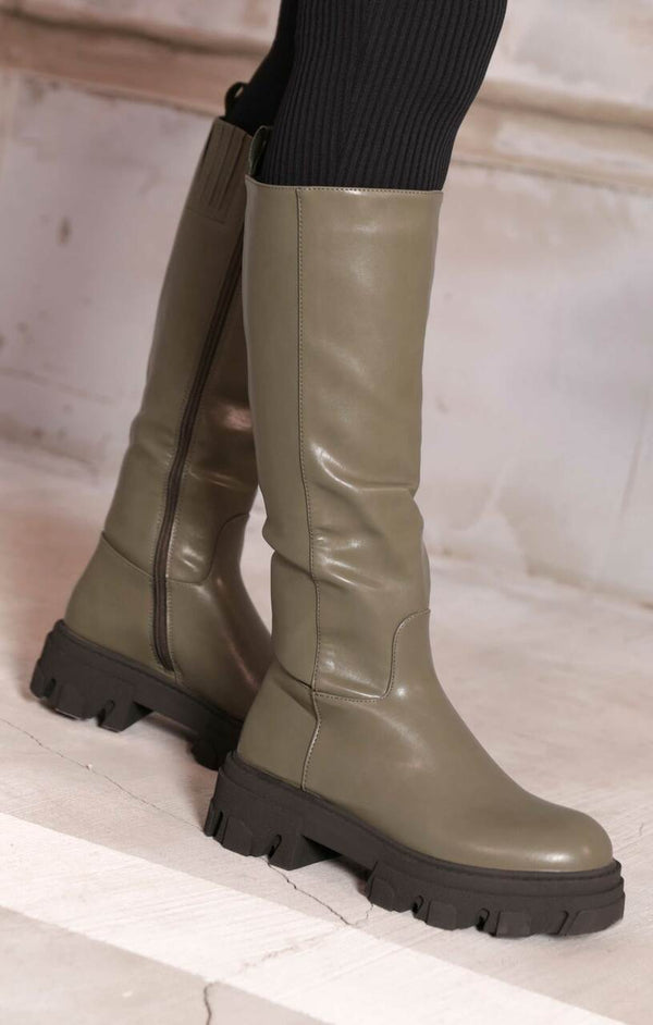 femme luxe Khaki PU Faux Leather Chunky Platform Zip Up Knee High Biker Boots - Vada