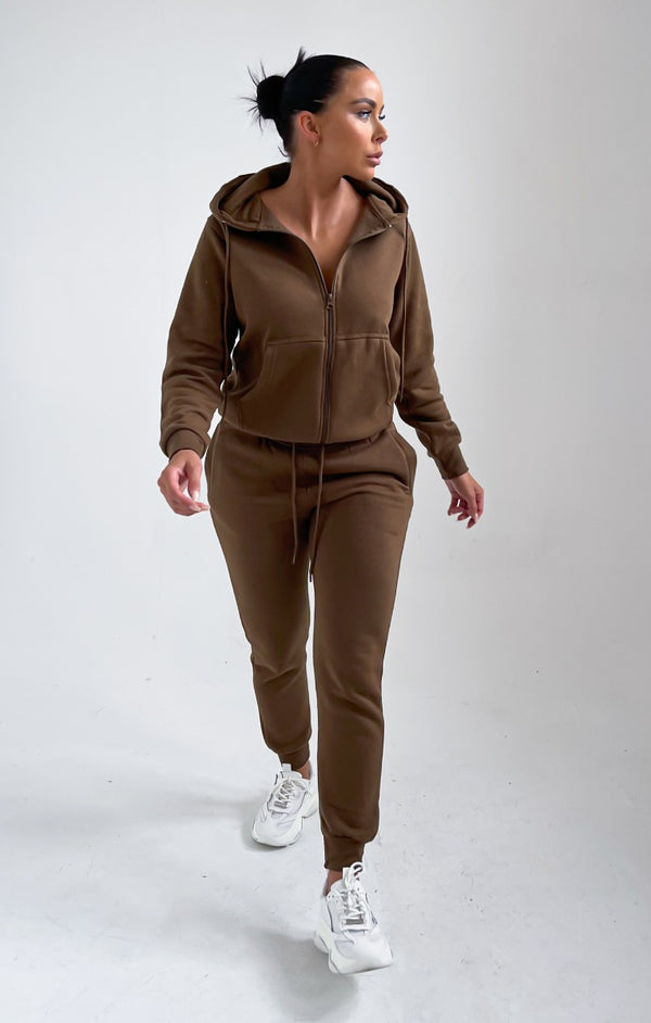 Femme Luxe Khaki Zip Up Hoodie Cuffed Joggers Loungewear Set - Sibyl