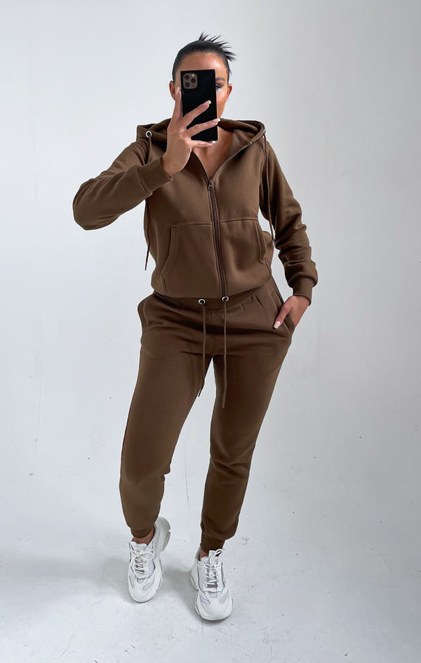 Femme Luxe Khaki Zip Up Hoodie Cuffed Joggers Loungewear Set - Sibyl