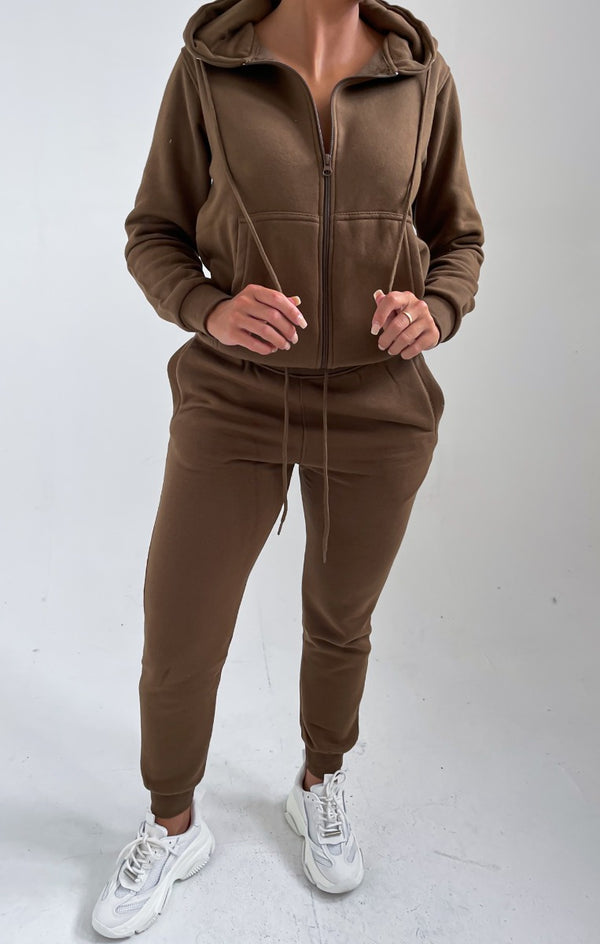 Femme Luxe Khaki Zip Up Hoodie Cuffed Joggers Loungewear Set - Sibyl