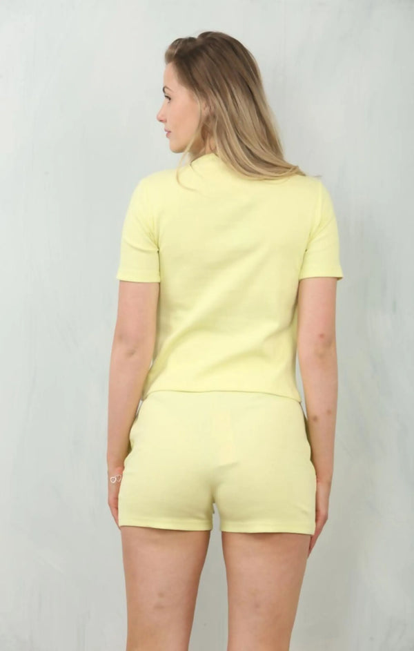 Femme Luxe Lemon Ribbed Button Front Crop Top With Drawstring Shorts Set - Sandra