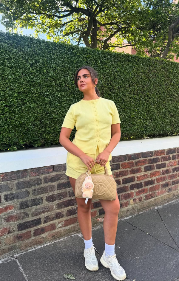 femme luxe Lemon Ribbed Button Front Crop Top With Drawstring Shorts Set - Sandra